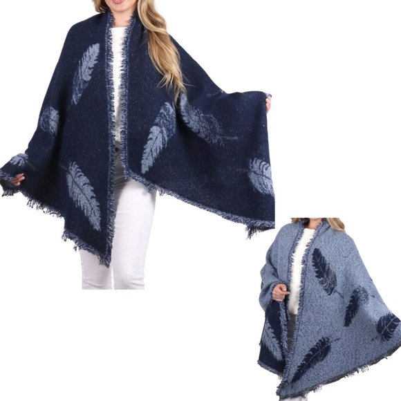 Navy Feathered Patterned Scarf/Cape/Blanket Scarf Reversable 100% Viscose - Picture 1 of 8